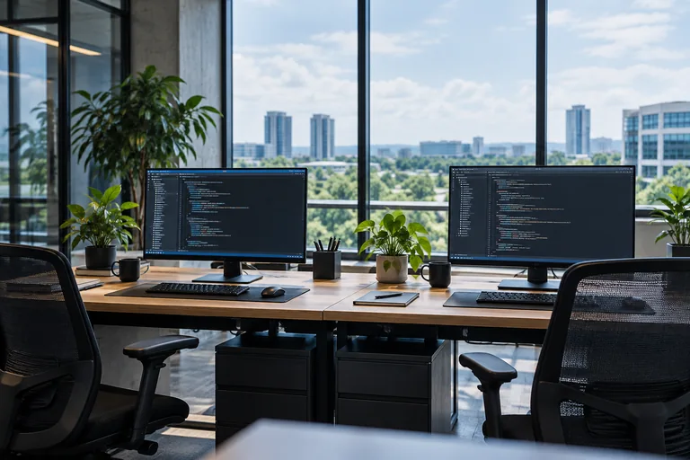 Illustrative unoccupied software engineering workspace with desks and monitors