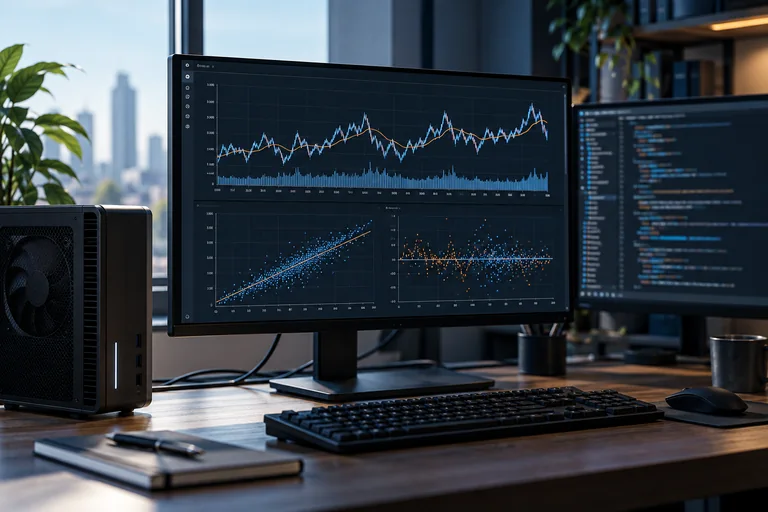 Illustrative data analysis workstation with charts and a desktop computer