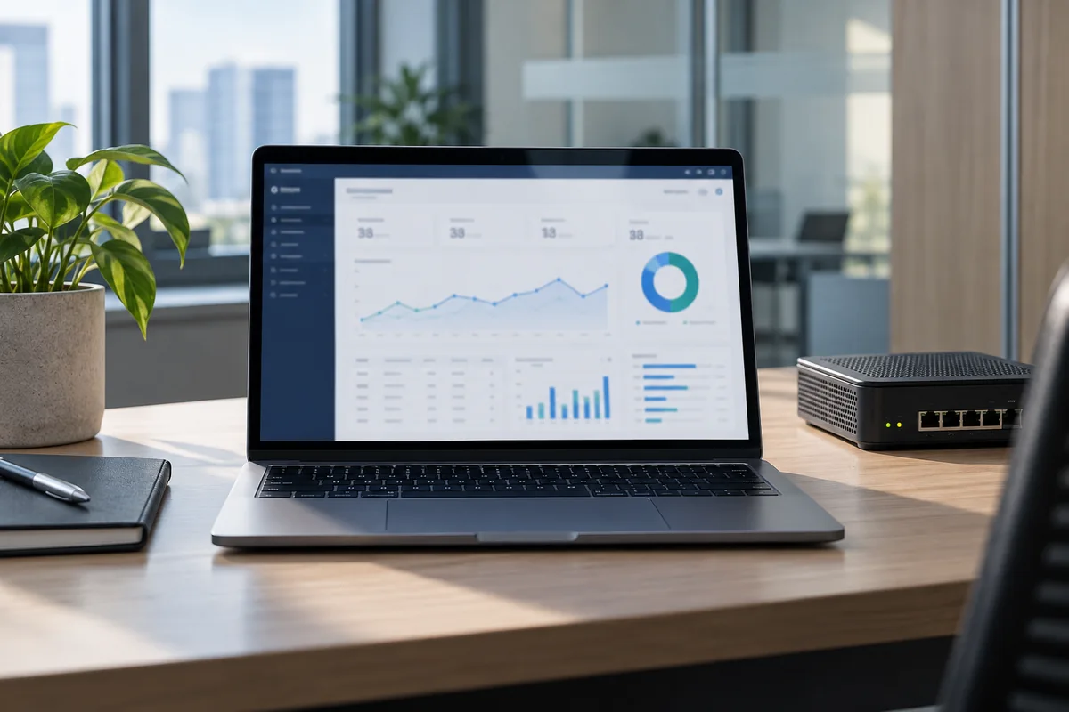 Illustrative enterprise laptop displaying an anonymous analytics layout
