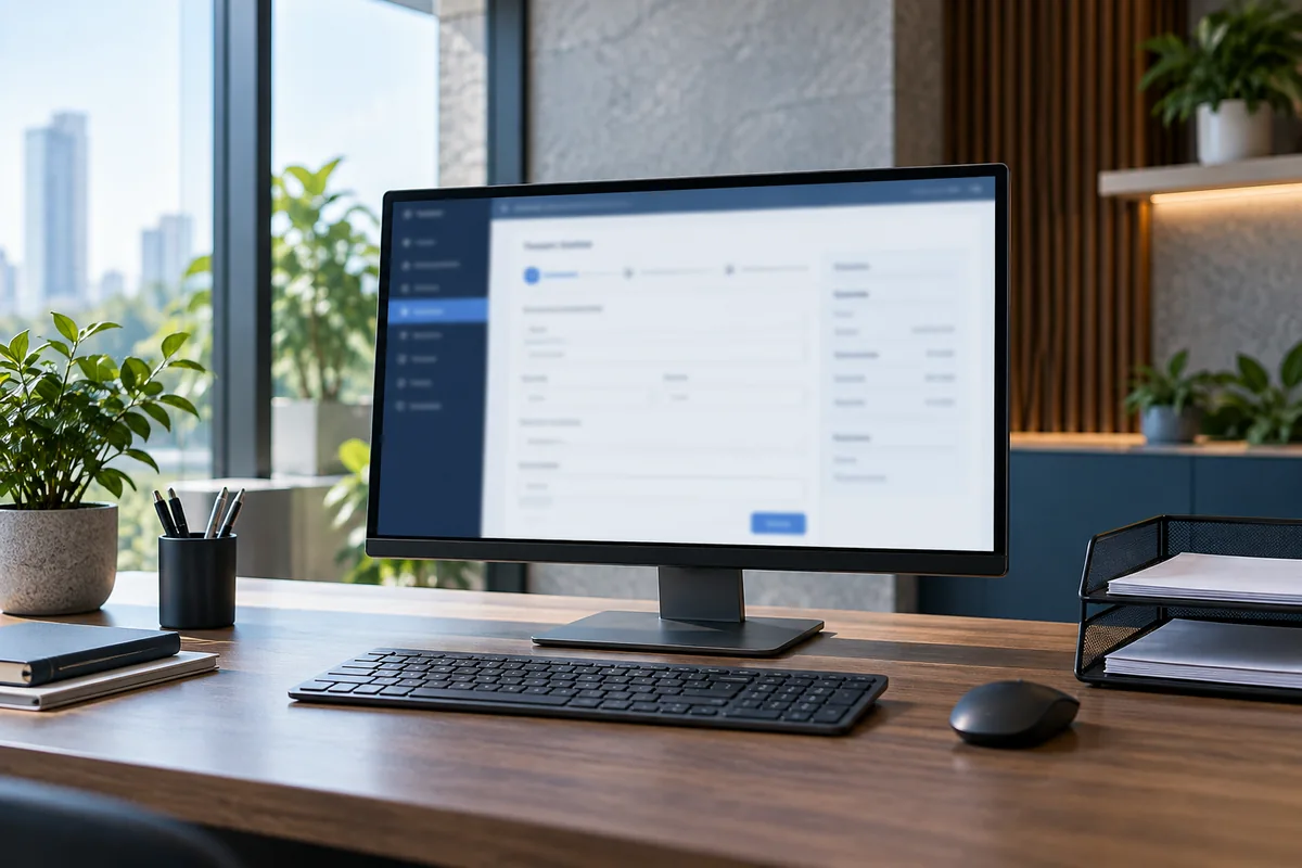 Illustrative digital services workstation with a form on a monitor