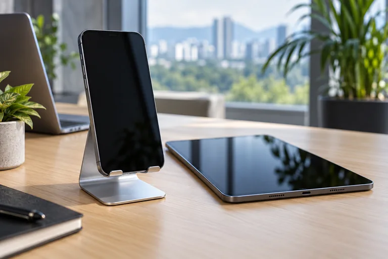 Illustrative smartphone and tablet with blank screens on a naturally lit desk